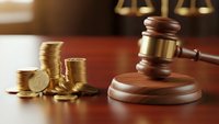 Wooden gavel with golden coins on polished desk representing legal fees, financial litigation, court costs, and justice system expenses.