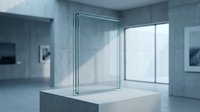 Modern minimalist bathroom interior with glass shower enclosure and natural light streaming through window creating geometric shadows on concrete walls.