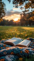 Open book on cozy knitted blanket in meadow with golden sunset and wildflowers, creating peaceful outdoor reading atmosphere at dusk. Soft bokeh background effect.