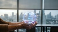 Business professional holding holographic digital network sphere in modern office with city skyline view representing global connectivity and innovation.