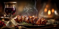 Grilled meat skewers with red wine by cozy fireplace creating warm dining atmosphere for romantic dinner or holiday celebration.