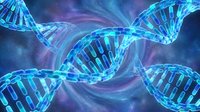 DNA double helix strands with glowing blue structure on purple background for medical research and genetic science presentations.