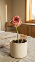 Wilting pink gerbera daisy in a ceramic pot with a sorry sign, placed on a bed in a warm cozy room, apology concept.