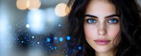 Young brunette woman with striking blue eyes and natural makeup against blurred city lights background with digital particles and bokeh effects.