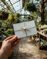 Hand holding light blue envelope tied with twine bow in greenhouse surrounded by lush plants and natural light for special occasion delivery.