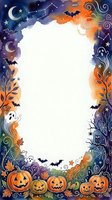 Halloween watercolor frame with pumpkins, ghosts, bats and autumn leaves on white background. Spooky border design for invitations and seasonal decorations.