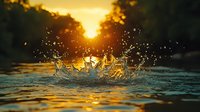 Water splash in lake at golden sunset with sun rays shining through trees creating magical atmosphere and bokeh effect with droplets frozen in motion.