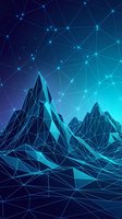 Abstract low poly mountain landscape with glowing network connections and geometric triangular patterns in blue gradient for digital technology backgrounds.