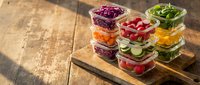 Colorful meal prep containers with fresh vegetables and salads arranged on rustic wooden cutting board for healthy eating and diet planning.