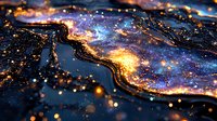 Magical cosmic abstract background with gold and blue swirls, glowing particles and sparkles creating ethereal galaxy-like pattern. Artistic macro photography.