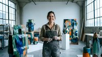 Smiling female artist standing in bright modern art studio surrounded by colorful abstract paintings and creative workspace with large windows.