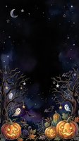 Spooky night sky frame with crescent moon, stars, gnarled trees, glowing jack-o-lanterns, ghosts, bats, and cobwebs on dark background. Perfect for Halloween designs, invitations, and seasonal projects.