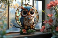 Decorative steampunk owl figurine with mechanical details and blue gemstones perched on windowsill among pink flowers, backlit by natural sunlight.