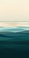 Minimalist seascape with layered waves in teal and cream tones, abstract geometric shapes creating depth and movement across tranquil ocean horizon.