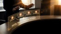 Business professional presenting digital transformation roadmap with glowing holographic interface showing strategy, integration, adoption and optimization phases.
