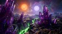 Alien planet landscape with purple crystals and dual suns in fantasy sci-fi environment for gaming and digital art projects.