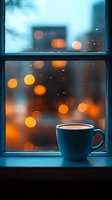 Steaming coffee cup on window sill against rainy evening cityscape with blurred orange bokeh lights creating cozy atmospheric mood for relaxation moments.