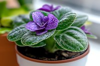 Vibrant purple African violet flower blooming in white ceramic pot with fuzzy dark green leaves, macro photography showing detailed texture and water droplets.