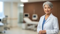 Confident mature Asian female doctor with gray hair smiling in modern hospital setting wearing white medical coat for healthcare and medical professionals.