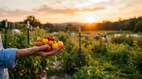 Farmer hands holding fresh ripe tomatoes at sunset in organic vegetable garden with golden light creating warm agricultural harvest scene.