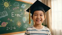 Young Asian boy wearing graduation cap smiling in classroom with educational chalkboard background featuring math and science symbols for academic achievement concept.