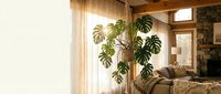 Cozy modern living room interior with large monstera plant, natural sunlight streaming through curtains, wooden beams and comfortable seating area.