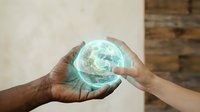 Hands of different generations protecting glowing Earth globe symbolizing environmental care, sustainability and global responsibility for future planet.