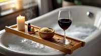 Luxurious spa bath with wooden tray holding glass of red wine, aromatic bath salts, essential oil, and glowing candle for relaxation and self-care ritual.
