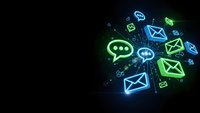 Digital communication icons floating with glowing neon effects on dark background for technology and messaging concepts.