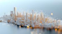 Modern cityscape with glowing orange skyscrapers and waterfront reflecting in soft focus, creating dreamy urban atmosphere against light blue sky with digital network connections.
