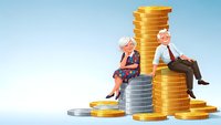 Senior couple sitting on stacks of golden coins representing retirement savings and financial security for elderly people planning future.