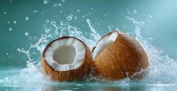 Fresh coconut halves with splashing water and droplets on turquoise background, dynamic food photography showing tropical fruit in motion.