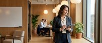 Professional businesswoman holding potted plant in modern office environment with colleagues working in background during daytime.