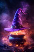 Magical witch hat floating above glowing cauldron with mystical purple smoke and orange sparks in dark atmospheric setting, fantasy Halloween composition.