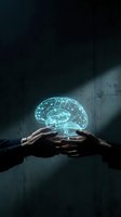 Glowing digital brain hologram floating above cupped hands in dark atmospheric setting representing artificial intelligence and neuroscience concepts.