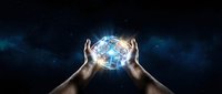 Human hands protecting glowing digital globe with network connections against starry space background for technology and global communication concepts.