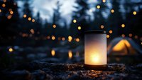 Glowing lantern creates warm ambiance at outdoor camping site with bokeh lights and tent in background during evening twilight for adventure recreation.