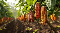 Fresh ripe cocoa pods hanging from tree branch in tropical plantation, showing vibrant red and orange colors in natural sunlight, organic farming concept.