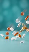 Various colorful pills and capsules falling through air against turquoise background for pharmaceutical and healthcare design projects.