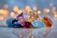 Colorful healing crystals and gemstones with bokeh lights background, showcasing amethyst, citrine, aquamarine, and rose quartz for spiritual wellness.