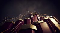 Dramatic dark fantasy architecture with golden glowing light trails rising from towering structures against a moody night sky, evoking power and grandeur.