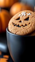 Spiced pumpkin jack-o-lantern cookie in black mug with warm orange pumpkins background for Halloween baking and autumn seasonal treats.
