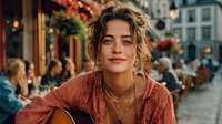 Young blonde woman with curly hair smiling at outdoor cafe terrace in European city street. Casual lifestyle portrait for hospitality and travel concepts.