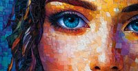 Vibrant mosaic artwork featuring intense blue eyes and facial features composed of colorful geometric shapes in orange, blue, and purple tones creating an expressive portrait.