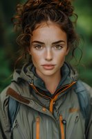 Young woman with freckles and curly brown hair wearing olive green outdoor jacket against blurred natural background. Close up portrait with soft lighting.