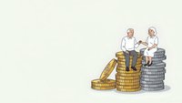 Senior couple sitting on stacks of coins discussing retirement planning and financial security for golden years.