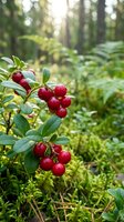 Fresh red lingonberries growing on bush in natural forest environment with soft sunlight filtering through trees creating peaceful woodland atmosphere.