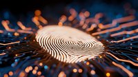 Digital fingerprint glowing on circuit board with orange light trails representing cybersecurity, biometric authentication and data protection technology.