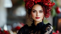 Young woman wearing red floral crown and black lace dress with dramatic makeup and romantic styling against blurred background. Fashion portrait with deep red roses and moody atmosphere.