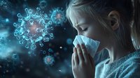 Young blonde woman sneezing into tissue with glowing virus particles floating around her representing illness, cold, flu symptoms and respiratory infection.